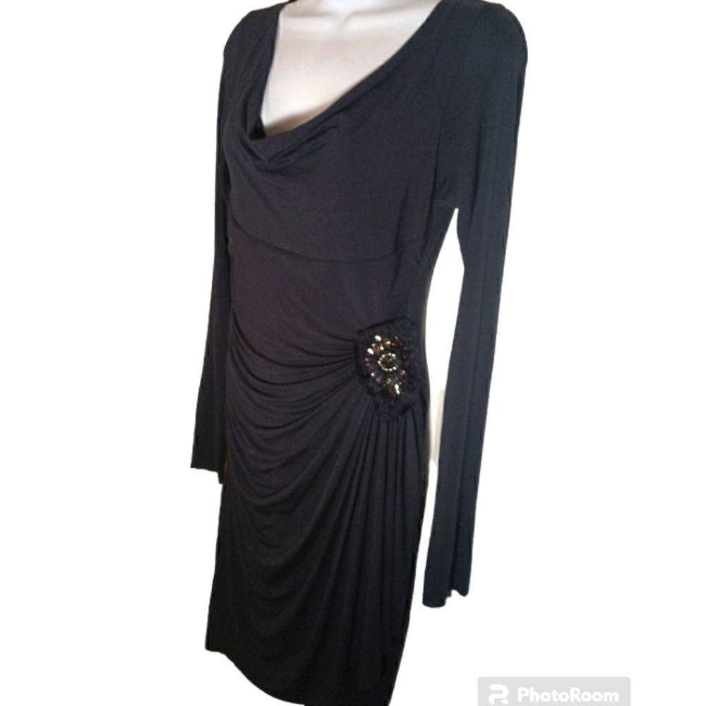 Bailey 44 black ruched wrap jersey knit long sleeve dress with jeweled accent M
